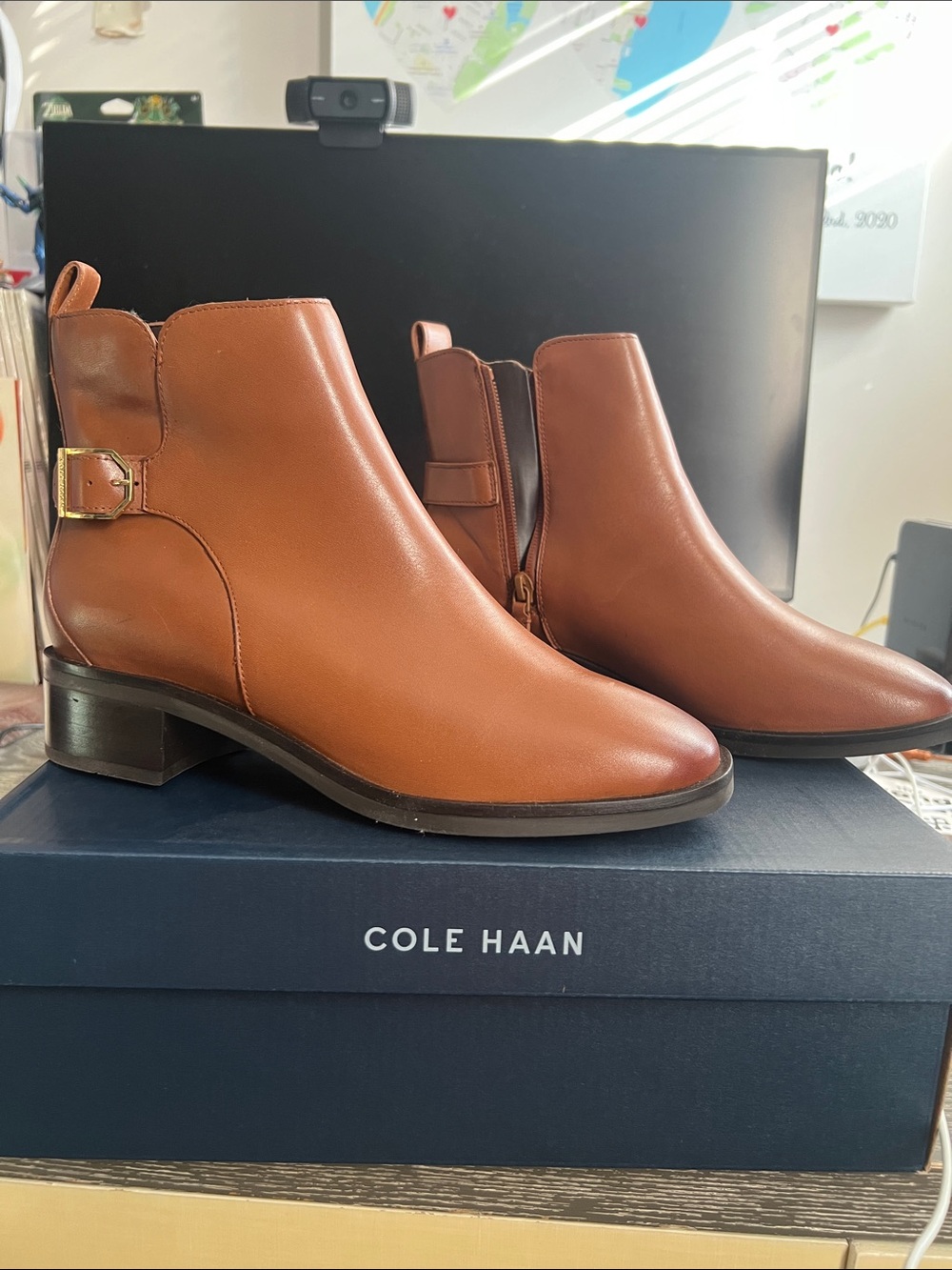 Cole Haan Cognac Leather Ankle Booties with Side Buckle